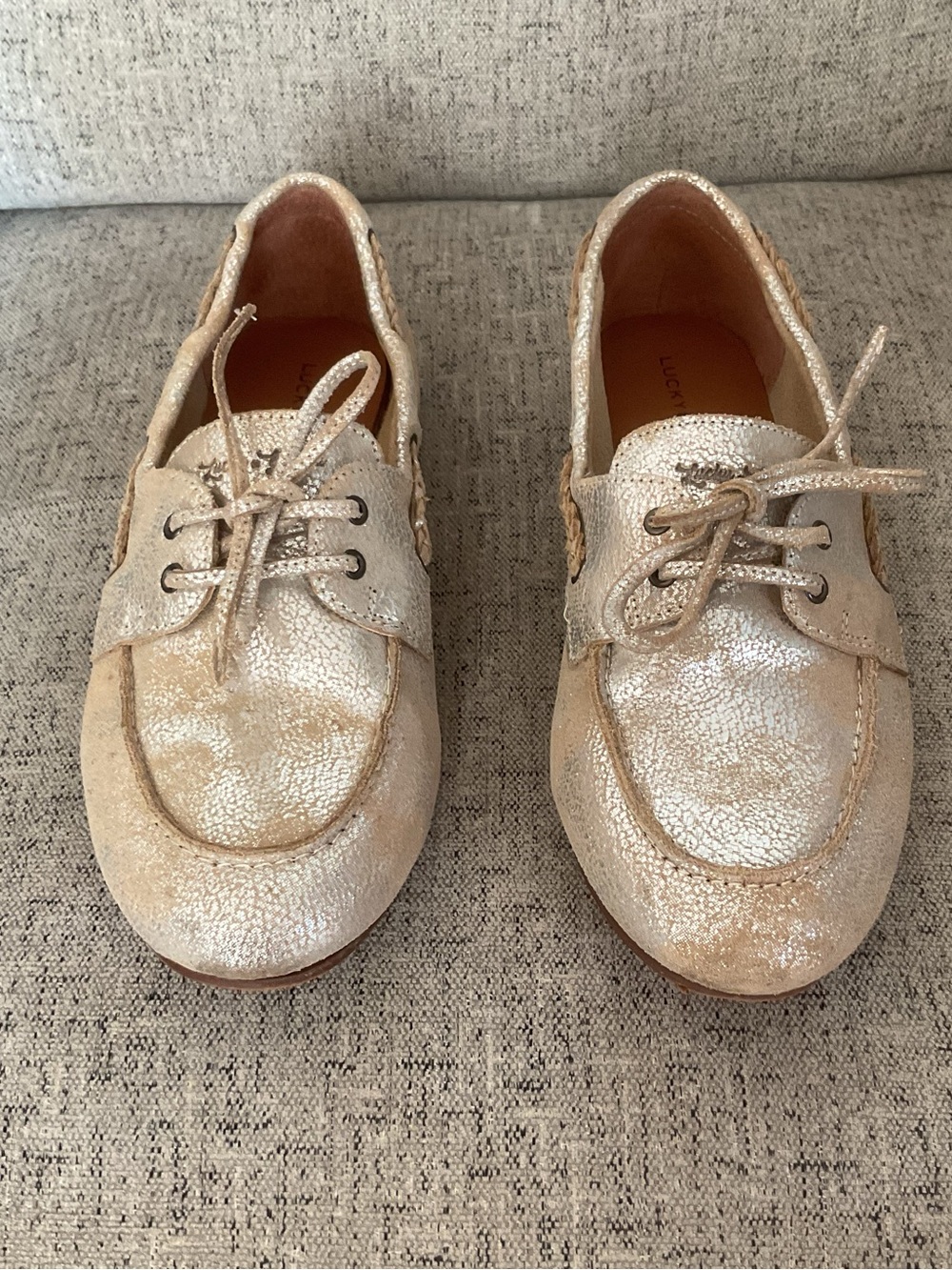 Lucky Brand Very Good Used Condition Glittery Champagne/Tan Boat Shoes